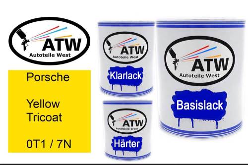 Porsche, Yellow Tricoat, 0T1 / 7N: 1L Lackdose + 1L Klarlack + 500ml Härter - Set, von ATW Autoteile West.
